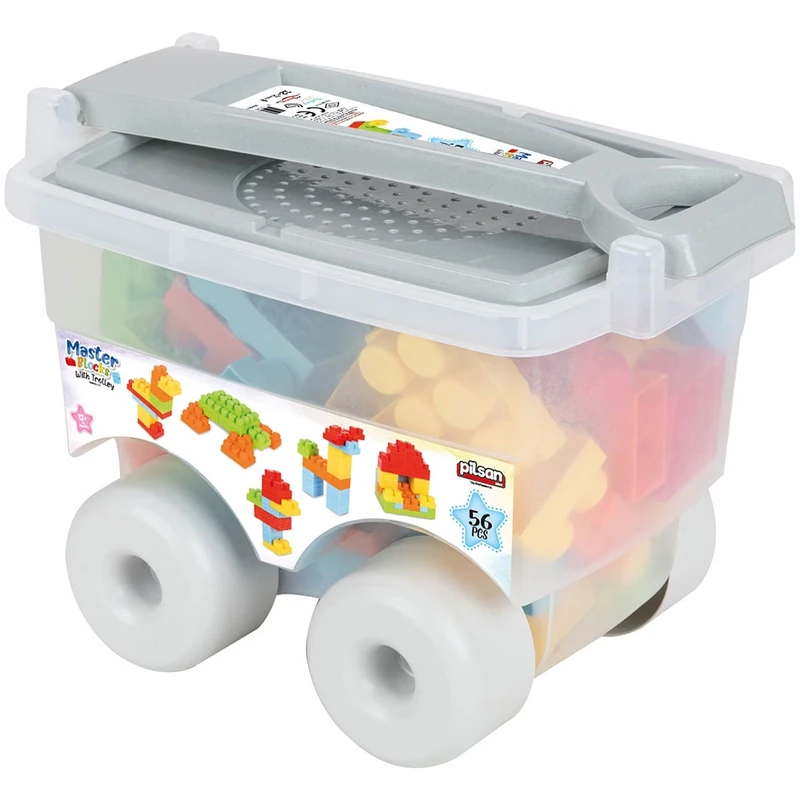 Constructii, cuburi, forme si culori - Set constructie Pilsan Master Blocks in Trolley 56 piese