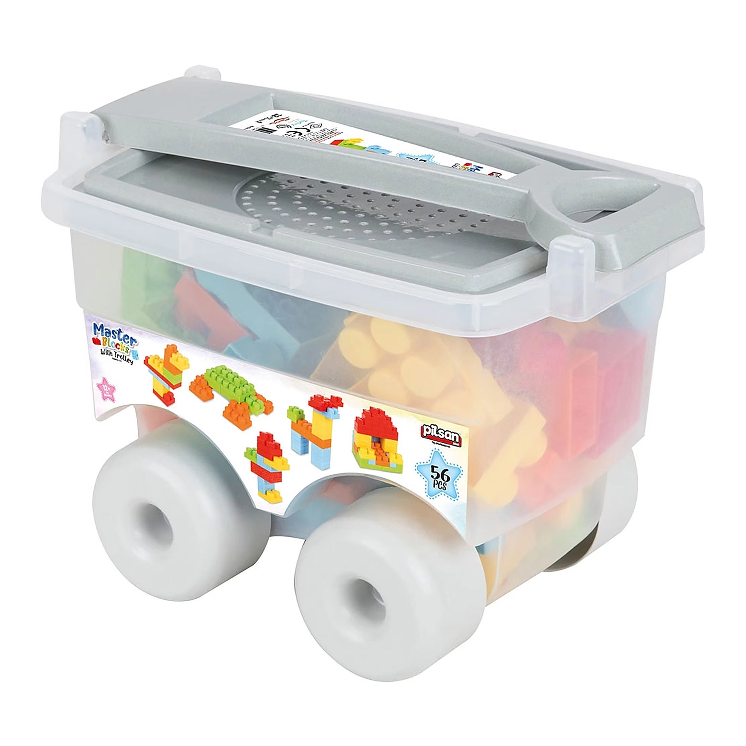 Constructii, cuburi, forme si culori - Set constructie Pilsan Master Blocks in Trolley 56 piese