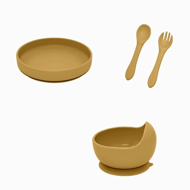 Farfurii si boluri - Set de hranire, Cu farfurie, Bol si tacamuri, Din silicon fara BFA, Ocru