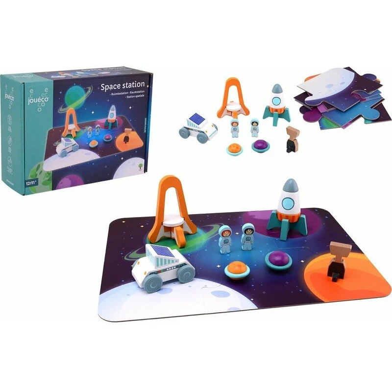 Jucarii educative - Set de joaca, Joueco, Statie spatiala, Include o plansa si 6 figurine in forma de elemente spatiale, 12 luni+, Multicolor