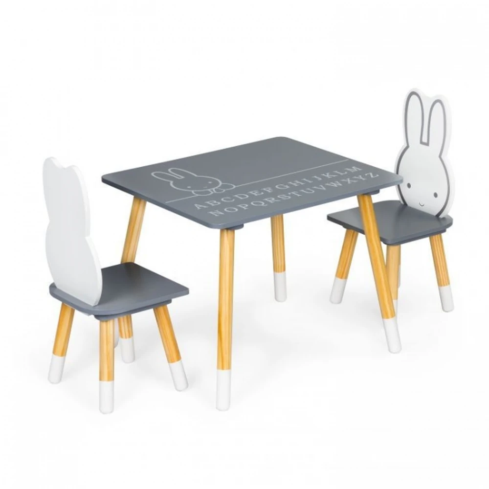 Set de masa cu alfabet si doua scaune in forma de iepuras pentru copii Ecotoys - Gri si natur [2]
