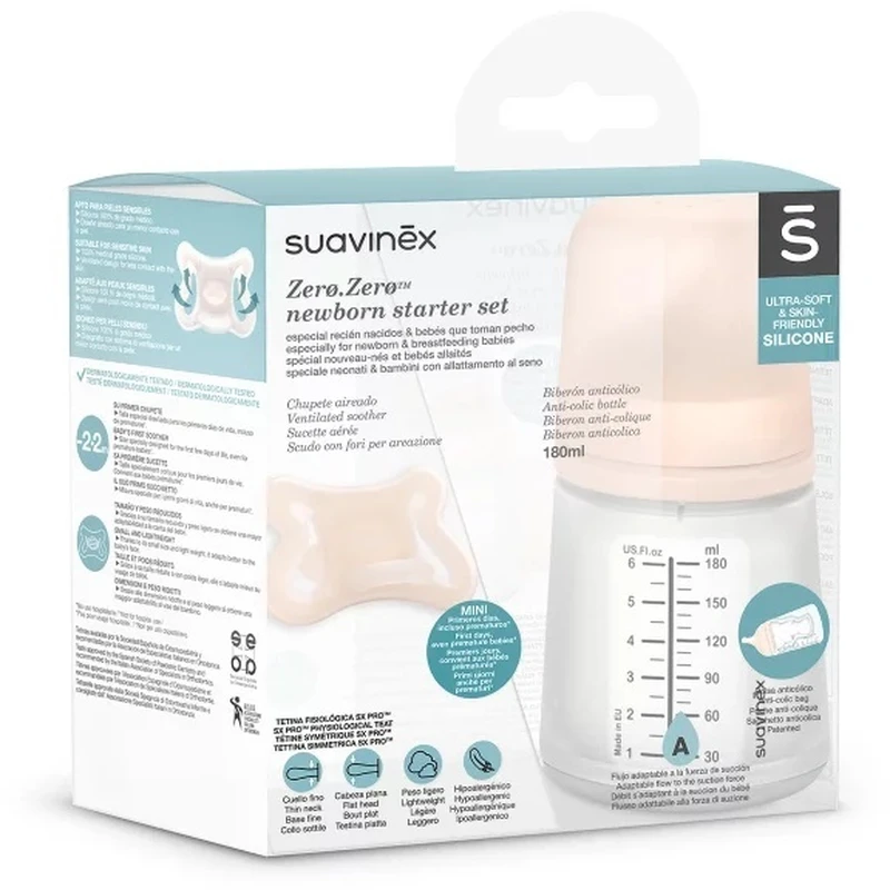 Suzete si lanturi - Set de start biberon anticolici 180 ml variabil + Suzetă -2-2 luni Zero Zero Suavinex