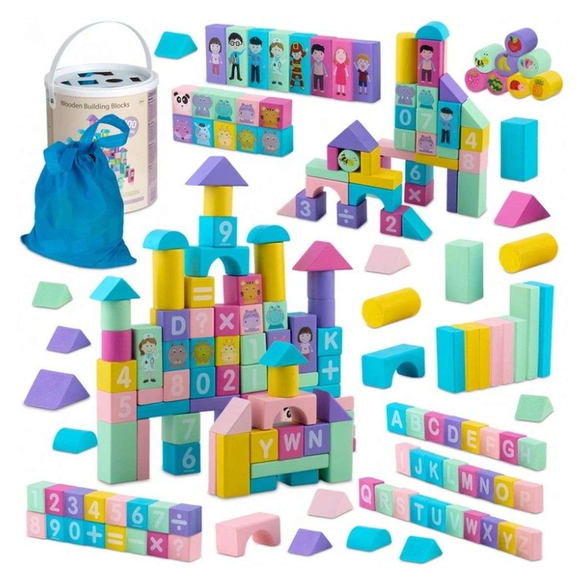 Constructii, cuburi, forme si culori - Set educational cu blocuri din lemn, 100 bucati, Ricokids