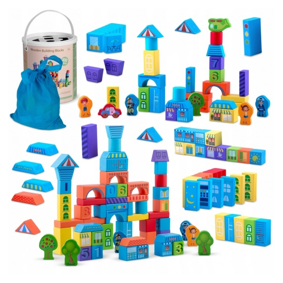 Jucarii din lemn - Set educational 100 blocuri din lemn Ricokids