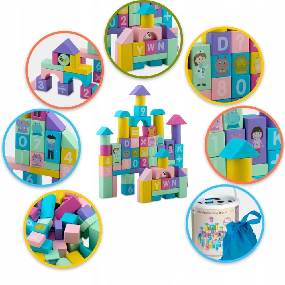 Set educational cu blocuri din lemn, 100 bucati, Ricokids [4]