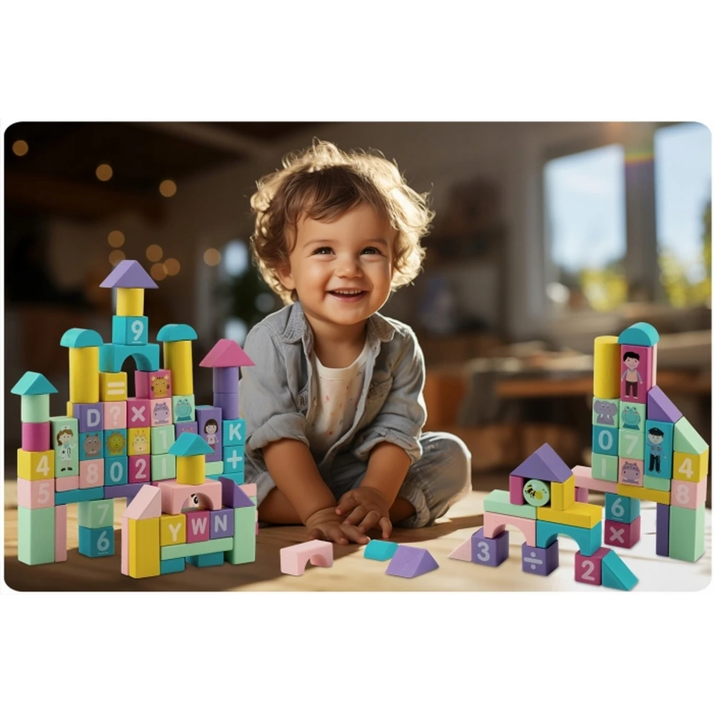 Set educational cu blocuri din lemn, 100 bucati, Ricokids [2]
