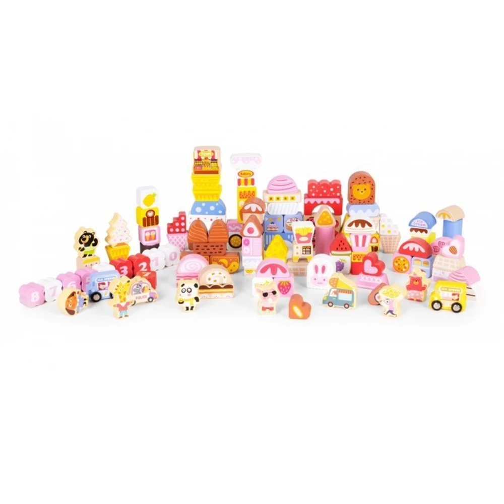 Jucarii din lemn - Set educational cu blocuri din lemn, 116 piese, Candy City Ecotoys