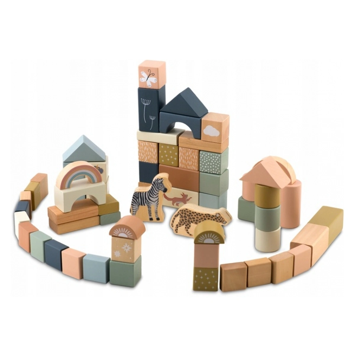 Constructii, cuburi, forme si culori - Set educational cu blocuri din lemn, 70 bucati, Nukido