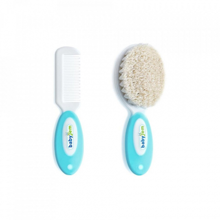 Ingrijirea parului si a unghiilor - Set pieptan si perie din peri naturali Bleu BabyJem
