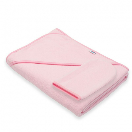 Sanatate si ingrijire - Set prosop cu gluga si manusa baie, New Baby, 100 x 100 cm, Basic, Pink