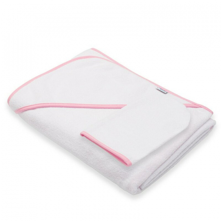 Sanatate si ingrijire - Set prosop cu gluga si manusa baie, New Baby, 100 x 100 cm, Basic, White-pink