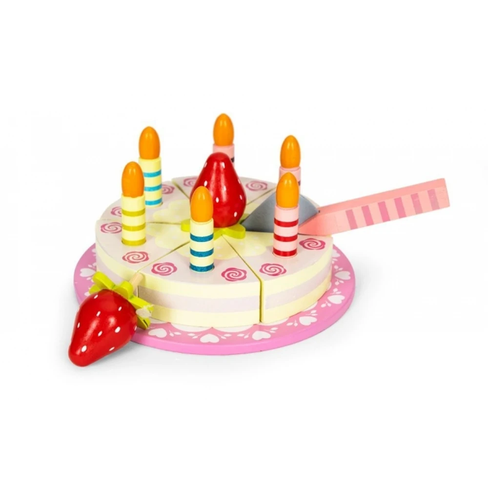 Fructe, legume, alimente - Set tort aniversar si accesorii din lemn, 16 elemente, Ecotoys