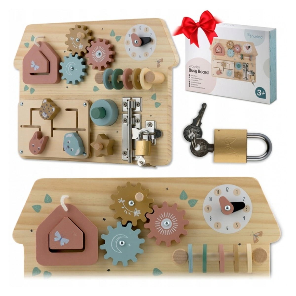 Jucarii din lemn - Tabla educationala din lemn cu diverse activitati, 32.5 x 24 cm, Nukido