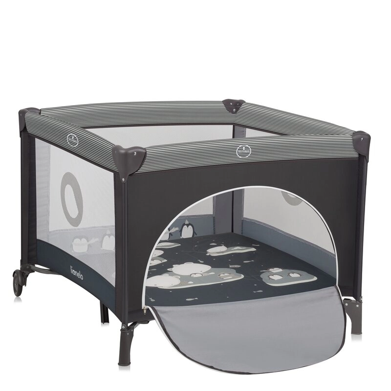 Siguranta bebelusului - Tarc de joaca copii, Lionelo, Bonnie, Pana la 15 kg, 100 x 100 cm, Cu roti, salteluta din spuma, Gri inchis