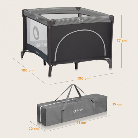 Tarc de joaca copii, Lionelo, Bonnie, Pana la 15 kg, 100 x 100 cm, Cu roti, salteluta din spuma, Gri inchis [12]