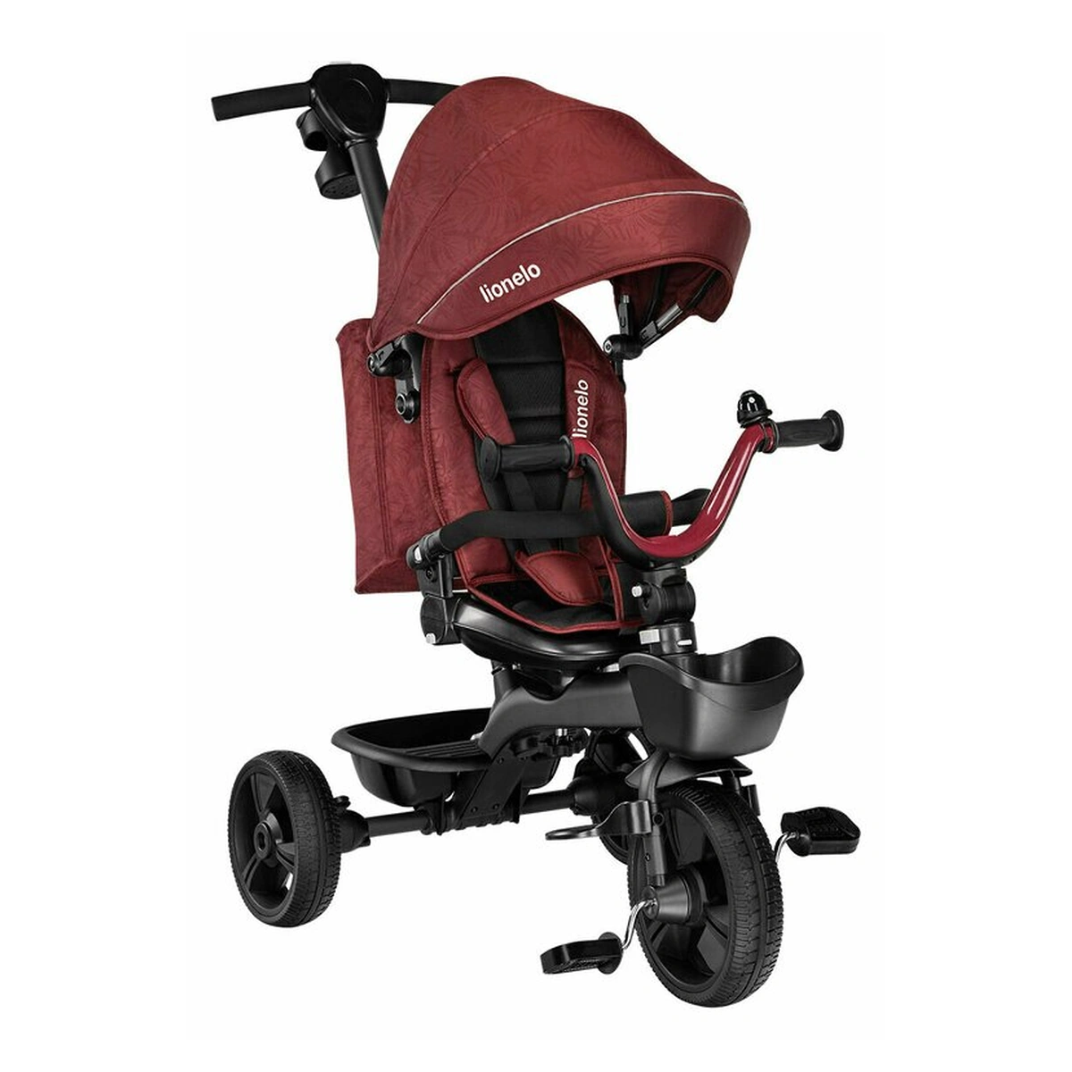 La plimbare - Lionelo - Tricicleta Kori, Cu suport de picioare, Control al directiei, Scaun reversibil, Rotire 360 grade, Pliabila, Conform cu standardul europeane de securitate EN71, Red Burgundy