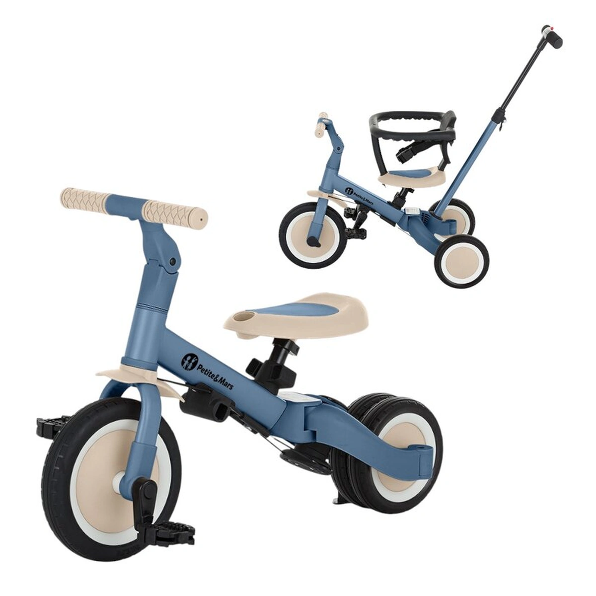 Triciclete - Tricicleta, Petite&Mars, Turbo, 5 in 1, Multifunctionala, Vehicul de impins, Bicicleta cu/fara pedale, Cu maner de ghidaj, Detasabil, Roti din cauciuc, Pana la 25 kg, 1.5-5 ani, Ocean Blue