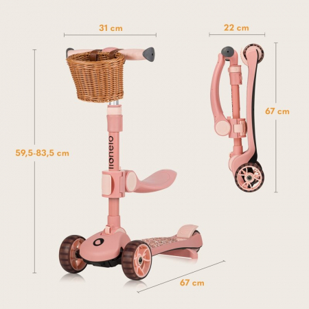 Trotineta, Lionelo, Franky, Pliabila, Pana la 50 kg, Sezut detasabil, Roti cu LED, 12 luni+, Pink Rose [25]