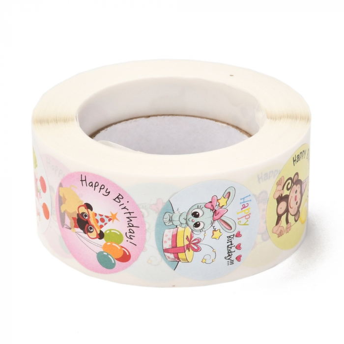 Abtipild sticker mixt rotund cu Happy BIrthday cu animalute, 1 rola cu aproximativ 500 stickere [2]