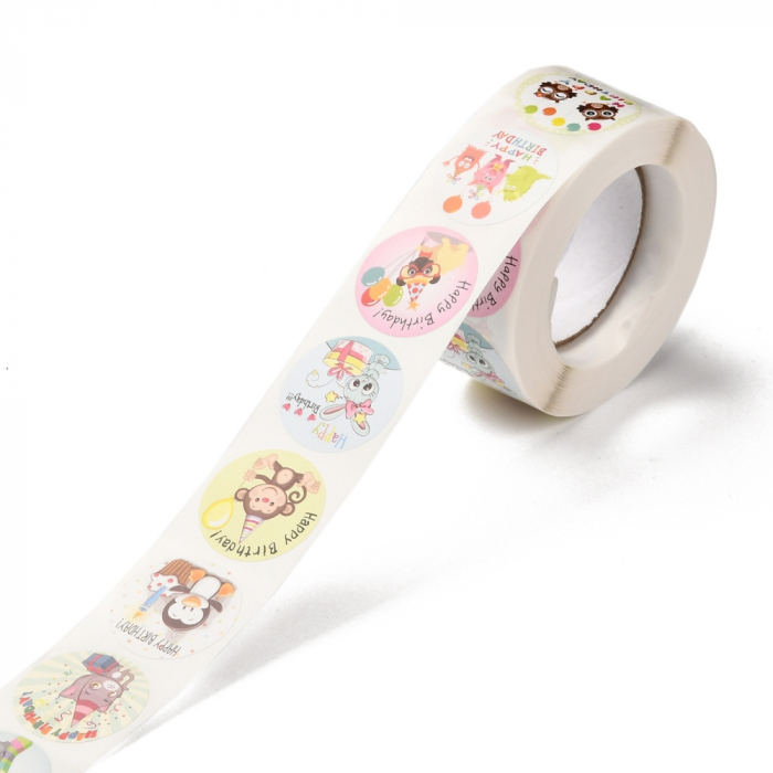 Abtipild sticker mixt rotund cu Happy BIrthday cu animalute, 1 rola cu aproximativ 500 stickere [3]