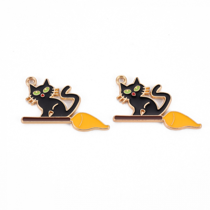 Charm emailat, pisica neagra pe matura, Halloween, metal auriu, 20X34 mm, 1 buc [2]