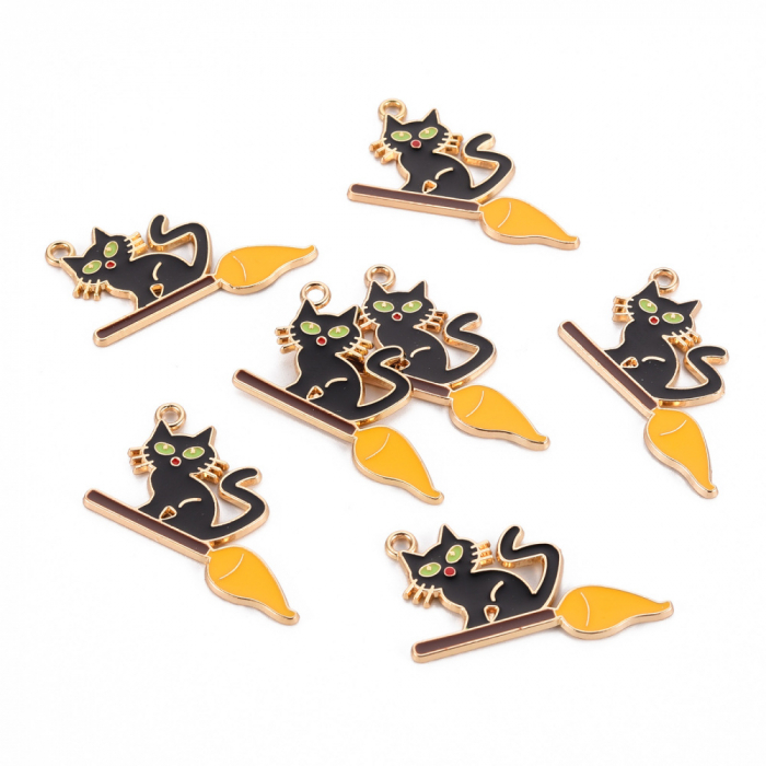 Charm emailat, pisica neagra pe matura, Halloween, metal auriu, 20X34 mm, 1 buc [3]