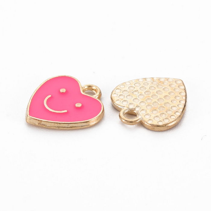 Charm emailat, Emoticon, Smiley Face Inima Roz, metal auriu, 13X12 mm, 1 buc [2]