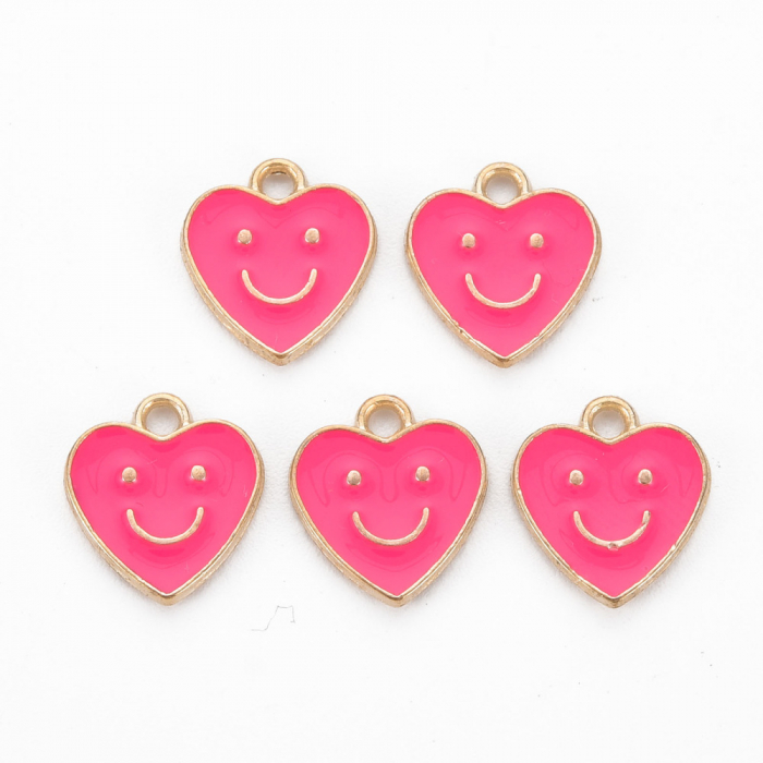 Charm emailat, Emoticon, Smiley Face Inima Roz, metal auriu, 13X12 mm, 1 buc [3]