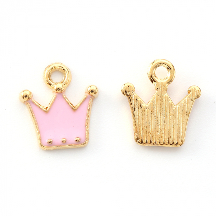 Charm emailat coronita roz, metal auriu, 12X11 mm, 1 buc [2]