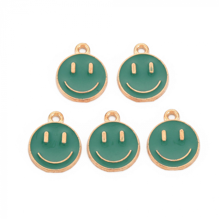 Charm emailat, Emoticon, Smiley Face Verde Inchis, metal auriu, 14.5X12 mm, 1 buc [3]
