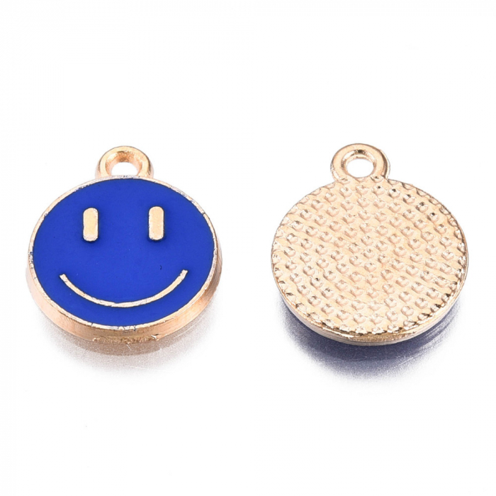 Charm emailat, Emoticon, Smiley Face Albastru Inchis, metal auriu, 14.5X12 mm, 1 buc [2]