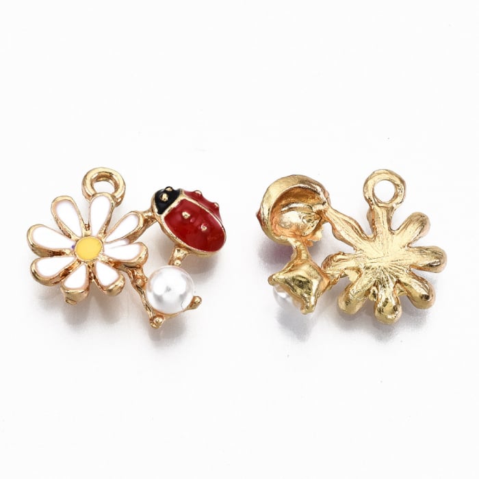 Charm emailat floare cu buburuza, metal auriu, 13X16 mm, 1 buc [2]