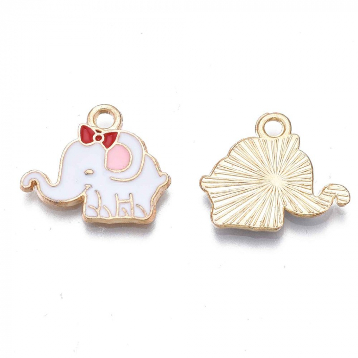 Charm emailat elefant alb cu rosu, metal auriu, 15X18.5 mm, 1 buc [2]