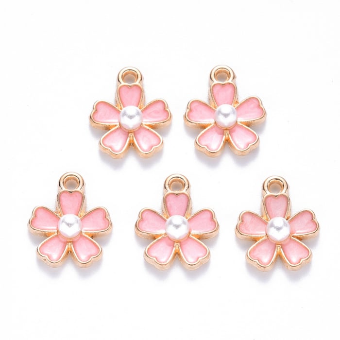 Charm emailat floare Roz cu perluta, metal auriu, 14.5X11.5 mm, 1 buc [1]