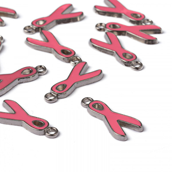 Charm emailat, fundita roz, cancer awareness, funda, argintiu antichizat, 19X 8 mm, 1 buc [2]