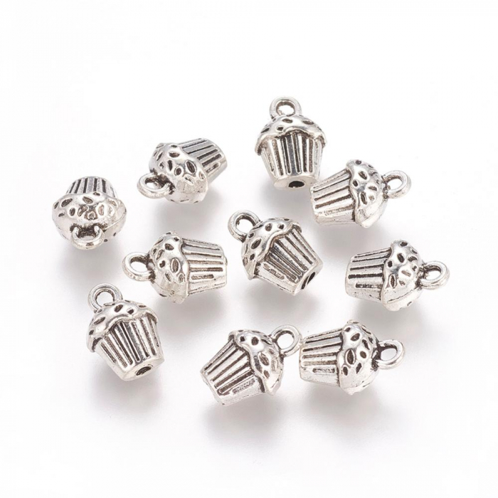 Charm pantant cupcake, briosa, argintiu antichizat, 14X10 mm, 1 buc [2]