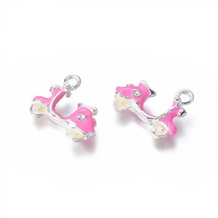 Charm pandant scooter, autobike, emailat roz, cristal,  placat cu argint 15X19 mm, 1 buc [2]