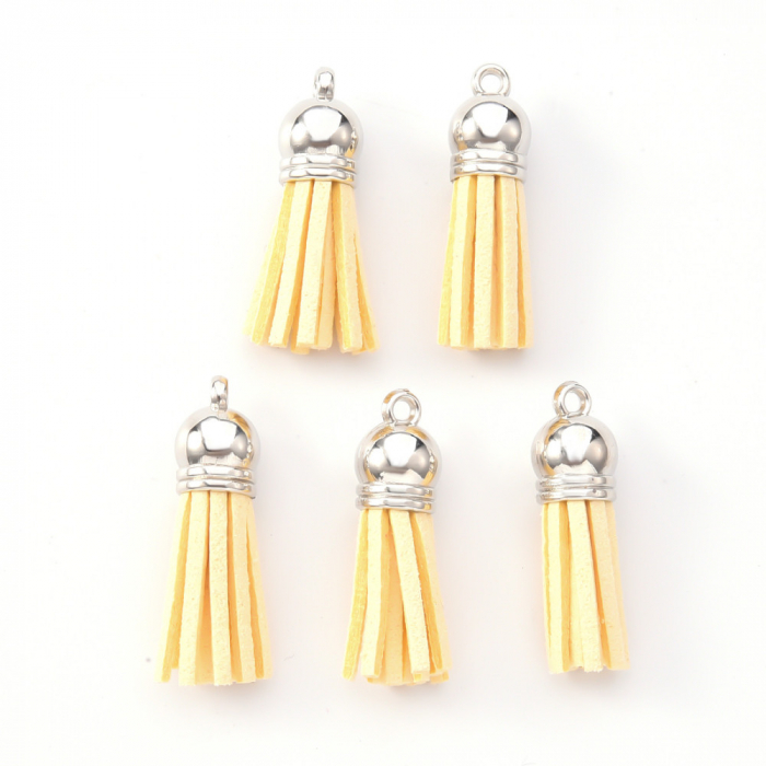 Ciucure tassel din suede culoare galbui cu capac argintiu inchis, 38 X10 mm, 1 bucata [2]