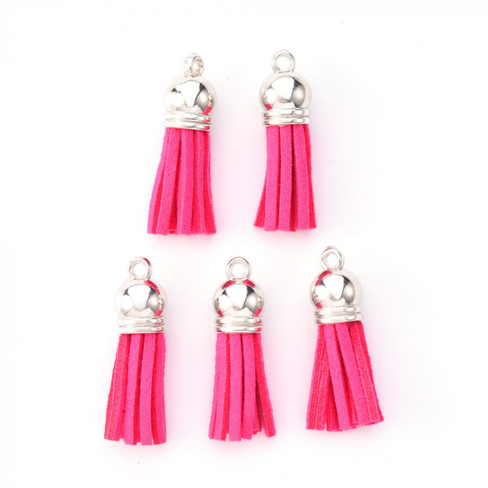 Ciucure tassel din suede culoare roz aprins cu capac argintiu inchis, 38 X10 mm, 1 bucata [2]