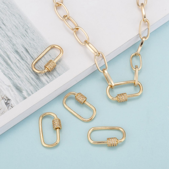 Charm carabină ovală din alamă, cu cristale Cubic Zirconia și închidere tip șurub, auriu – 1 bucată [3]