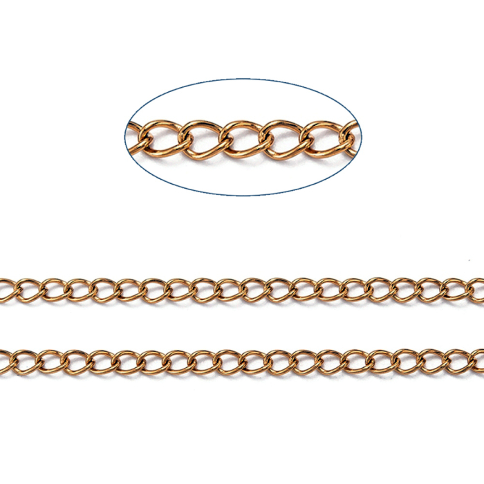 Lanț curb răsucit din inox 304, placat cu aur 18K prin Ion Plating, 4x3x0.6 mm – la metru [2]