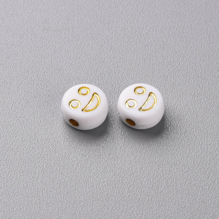 Margele acrilice alb si auriu cu emoticon cu diverse expresii (smiley, sad, angry) rotund plan 7x4 mm, gaura de 1.6 mm, 50 bucati [3]