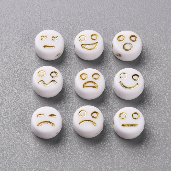 Margele acrilice alb si auriu cu emoticon cu diverse expresii (smiley, sad, angry) rotund plan 7x4 mm, gaura de 1.6 mm, 50 bucati [2]