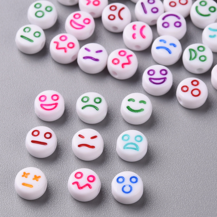 Margele acrilice cu emoticon cu diverse expresii (smiley, sad, angry) rotund plan 7x4 mm, gaura de 1.6 mm, 50 bucati [1]