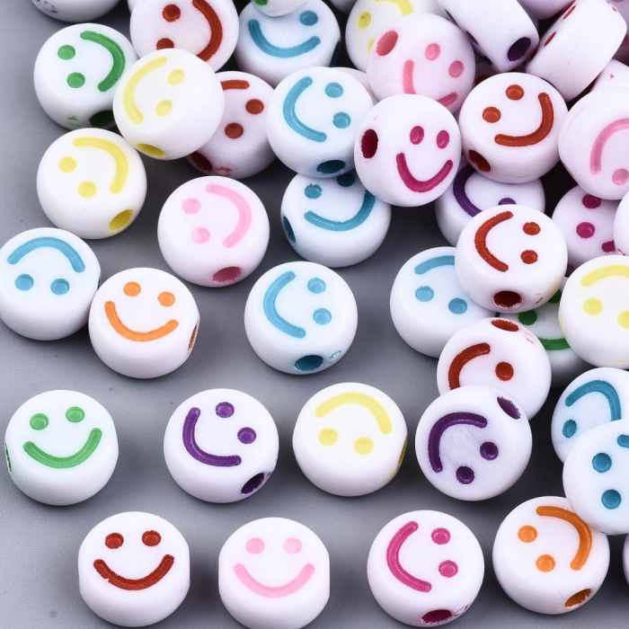 Margele acrilice cu smiley face, cu emoticon roz aprins, rotund plan 10X5 mm, gaura de 2 mm, 1 bucata [2]