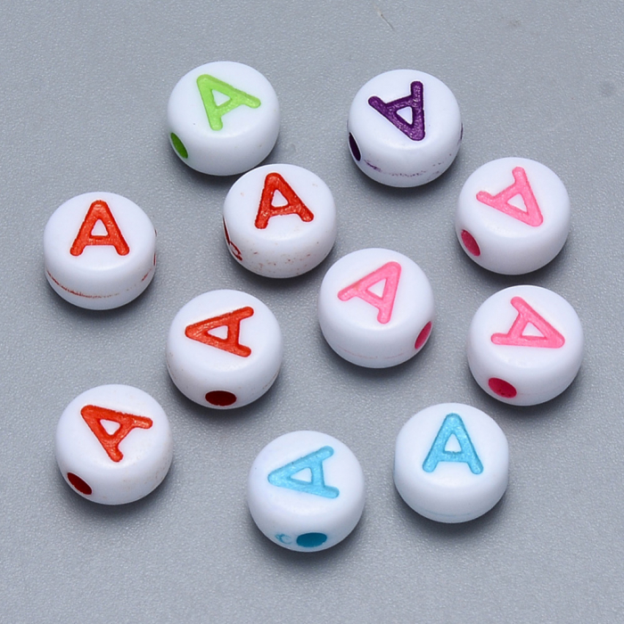 Margele cu alfabet, margele acrilice albe, cu litera A colorata, rotund plan 6X3.5 mm, 100 bucati [1]