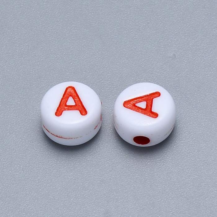 Margele cu alfabet, margele acrilice albe, cu litera A colorata, rotund plan 6X3.5 mm, 100 bucati [2]