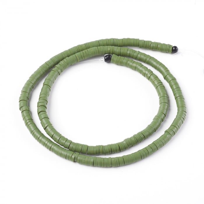 Margele din lut polimeric, handmade, disc, heishi, 4X1 mm,  Verde Olive, 1 sir [2]