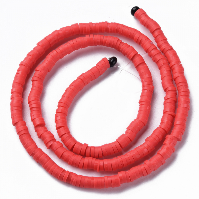 MMargele din lut polimeric, handmade, disc, heishi, 4X1 mm,  Rosu Deschis, 1 sir [1]