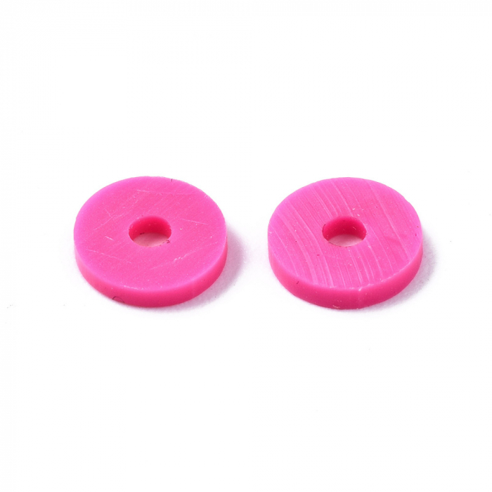 Margele din lut polimeric, handmade, disc, heishi, 6X1 mm, roz aprins, 1 sir [4]